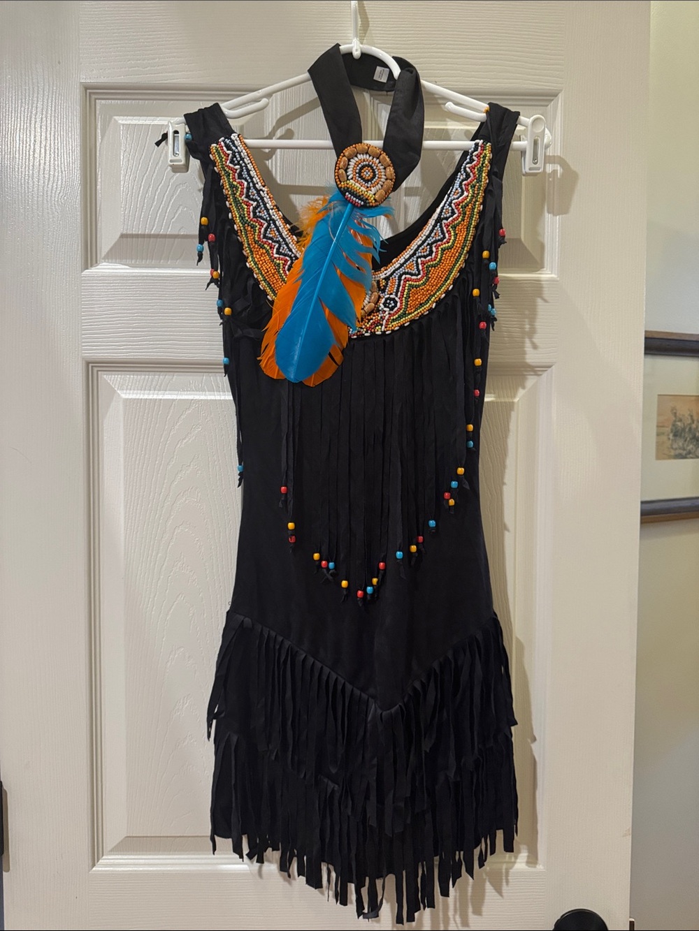 Spirit Black Fringe Mini Dress with Beaded Neckline and Blue-Orange Feather